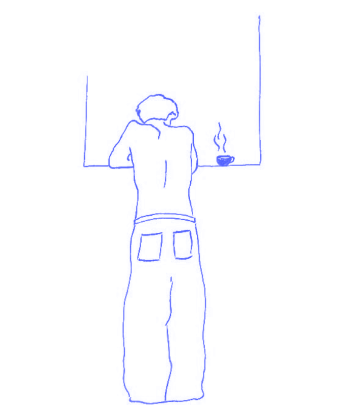 Illustration: Pawel leaning against a window with a coffee